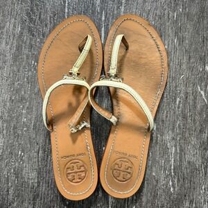 Tory Burch Miller Flip Flops Sandals Women Size 7.5 Cream Beige Gold Logo